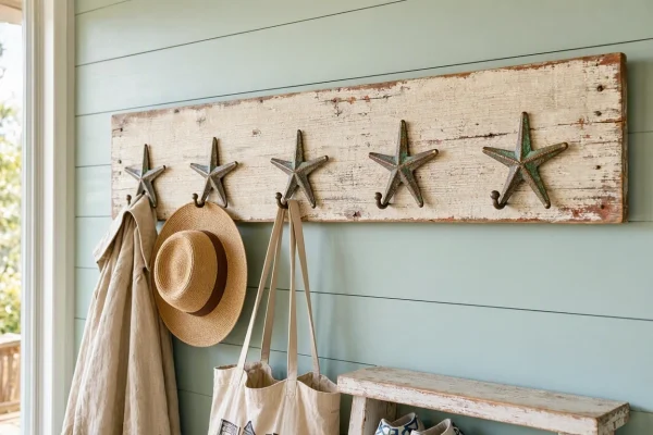 17 Distressed Barnwood Decorative Wall Hook Rack Coastal Beach Theme Wooden Coat Hanger With Starfish Metal Hooks For Entryway Mudroom
