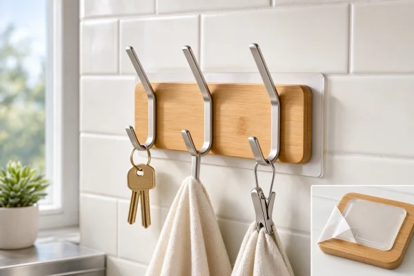 18 Adhesive Bamboo Metal Decorative Wall Hook Waterproof Stainless Steel Towel Hanger Self Adhesive Key Holder For Kitchen Rental Apartment