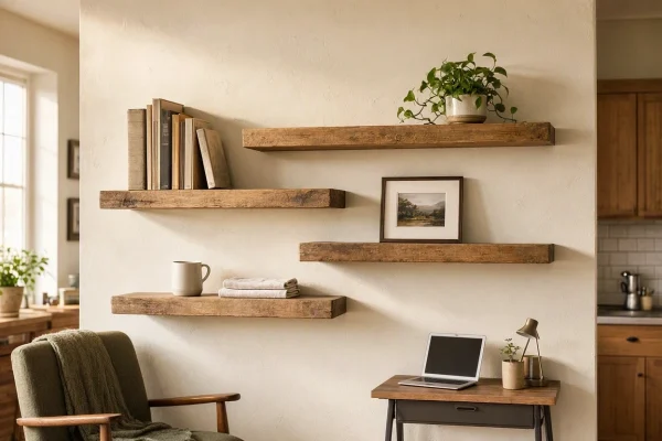 Rustic Floating Wall Shelves Solid Wood Storage Ledge Set For Living Room Bedroom Kitchen Bathroom Home Office Decorations