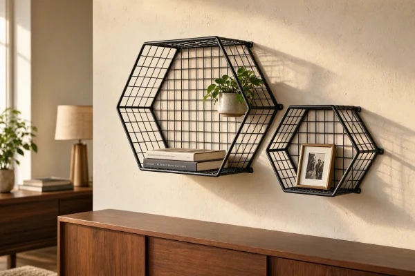 23 Industrial Metal Wire Floating Wall Shelf Heavy Duty Hexagon Geometric Storage Rack Plaque For Modern Aesthetic Home Living Room