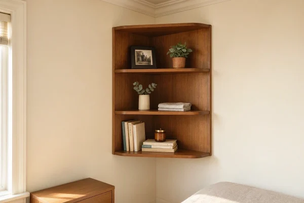 Vintage Corner Floating Shelves Wall Mounted Walnut Wood Storage Unit For Small Space Bedroom Living Room Bathroom Display Organizer