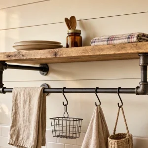 Heavy Duty Industrial Iron Pipe Floating Shelf Rustic Wood Board Wall Hanger Towel Rack Storage Organizer For Farmhouse Kitchen Bathroom