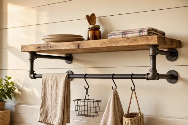 27 Heavy Duty Industrial Iron Pipe Floating Shelf Rustic Wood Board Wall Hanger Towel Rack Storage Organizer For Farmhouse Kitchen Bathroom