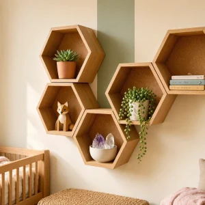 Hexagonal Honeycomb Floating Shelves Geometric Wooden Wall Cubes Set For Creative Kids Nursery Bedroom Aesthetic Plant Crystals Display