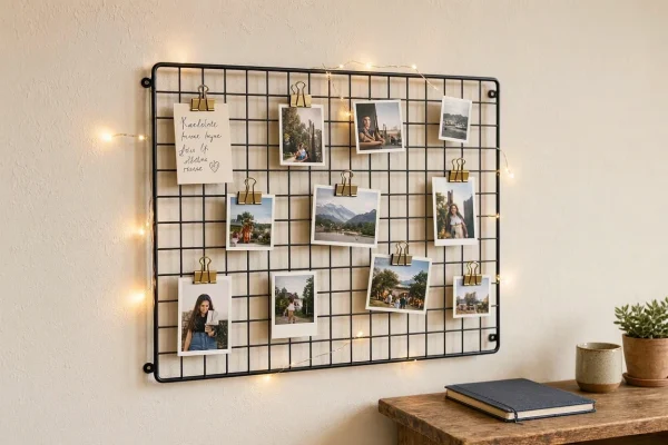 Wall Mounted Wire Grid Photo Display Organizer Metal Hanging Picture Rack With Clips For Creative Bedroom Dorm Decor