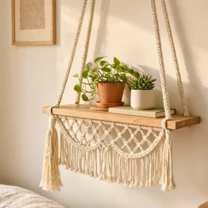 Boho Macrame Hanging Floating Shelf Woven Cotton Rope Tassel Wooden Wall Plant Holder Display Organizer Rack For Cozy Bedroom Apartment