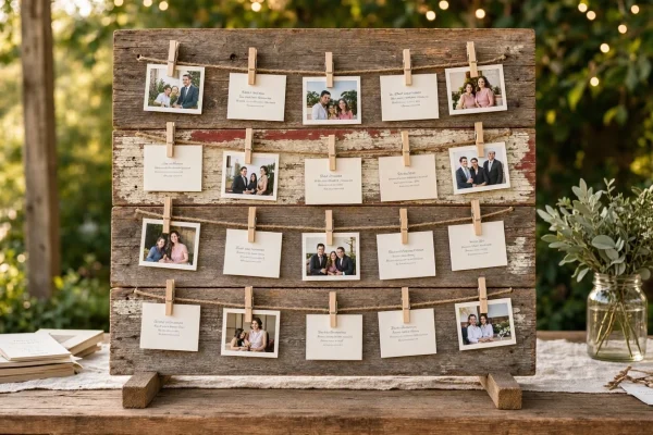 7 Distressed Barnwood Tabletop Photo Display Board With Wooden Clothes Pins Vertical Picture Stand For Country Wedding Party Registry