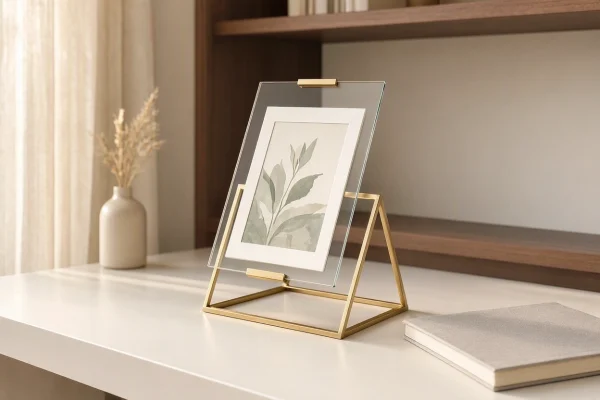 Nordic Brass Metal Geometric Photo Display Stand Floating Glass Picture Frame Holder For Luxury Modern Desk Shelf Bedroom